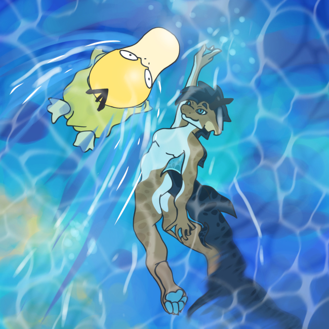 Capri swimming in the ocean next to a Psyduck.